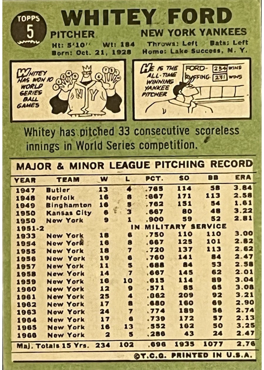 1967 Topps #5 Whitey Ford card back