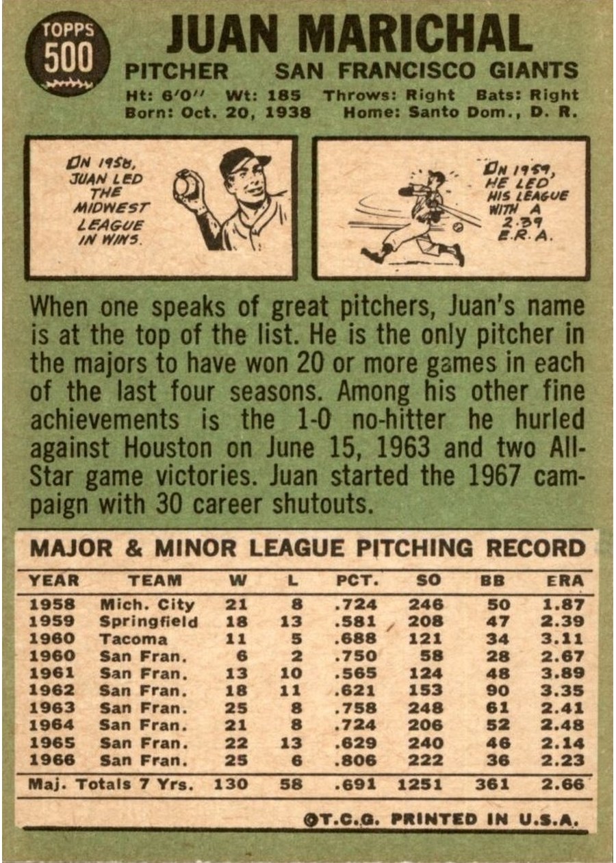 1967 Topps #500 Juan Marichal card back
