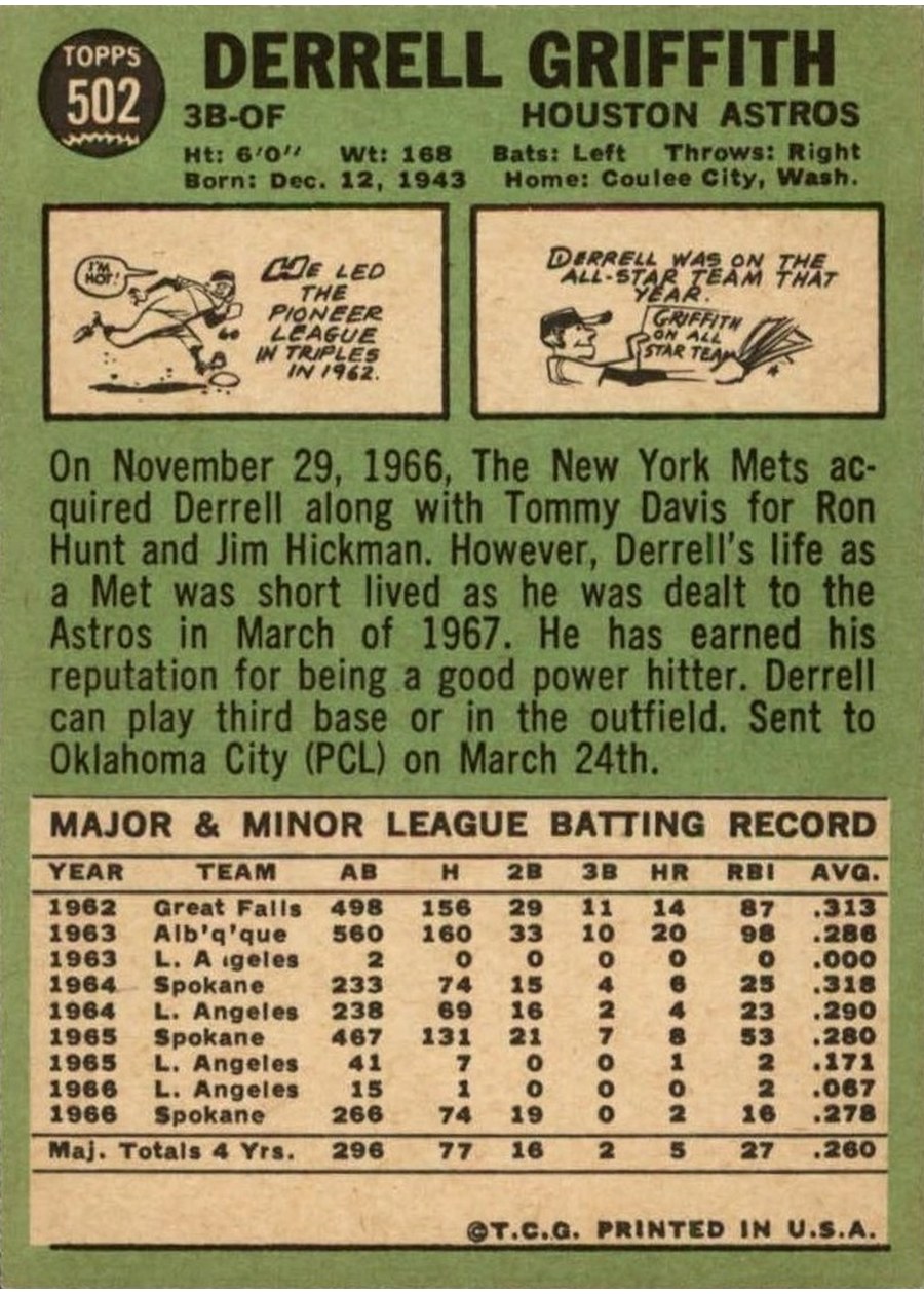 1967 Topps #502 Derrell Griffith card back