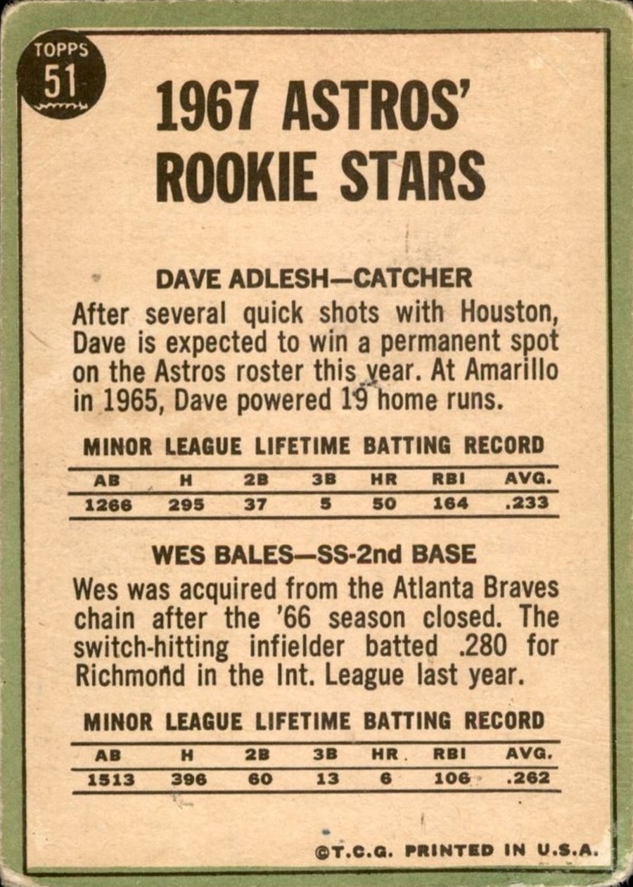 1967 Topps #51 Astros 1967 Rookie Stars card back