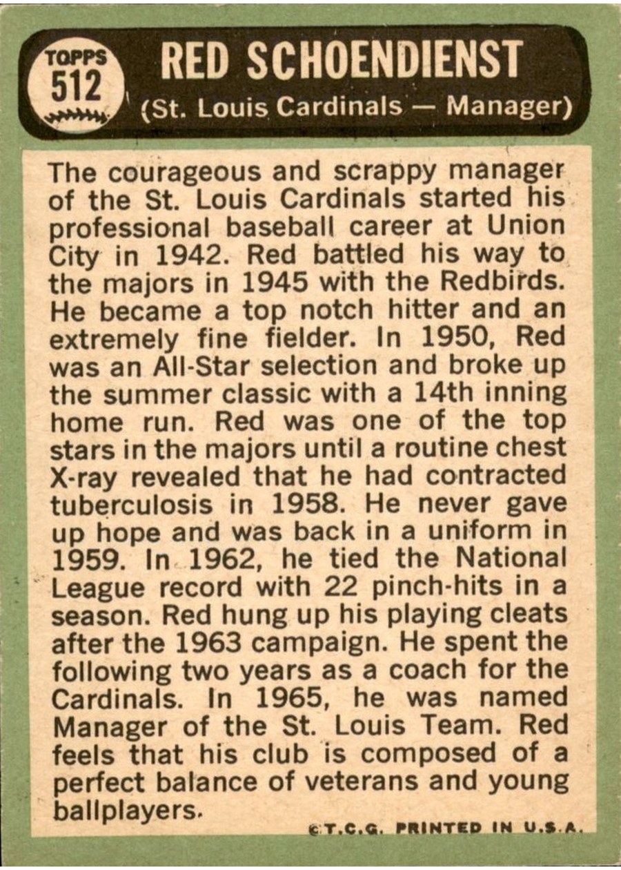 1967 Topps #512 Red Schoendienst card back