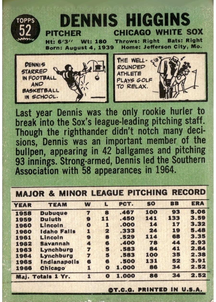 1967 Topps #52 Dennis Higgins card back