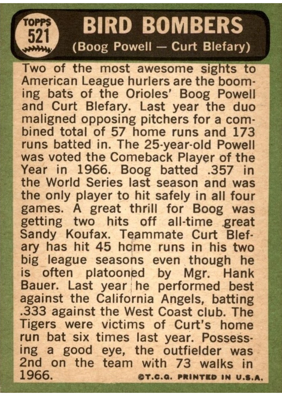 1967 Topps #521 Bird Bombers card back