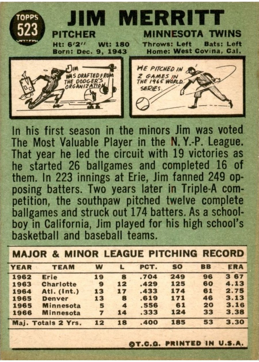 1967 Topps #523 Jim Merritt card back
