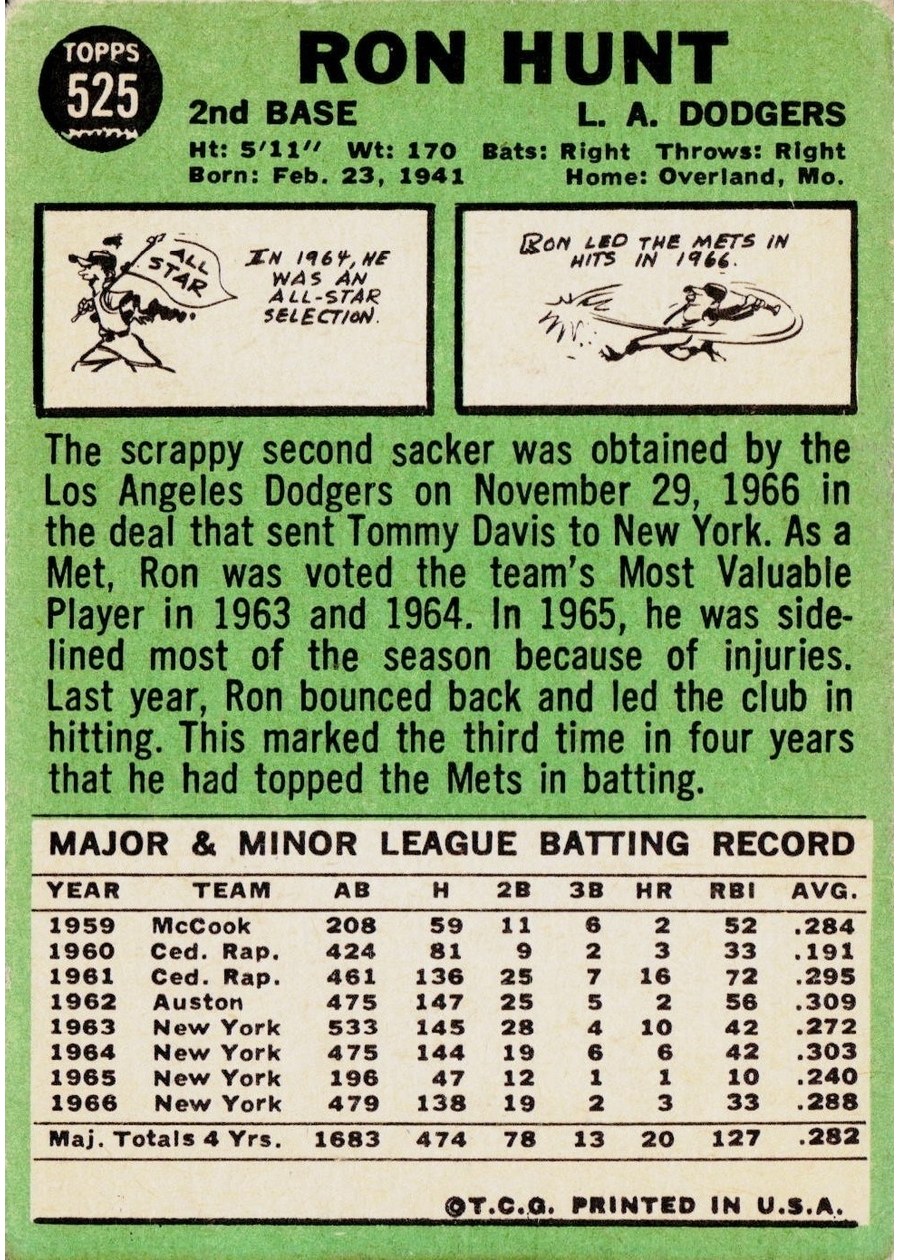 1967 Topps #525 Ron Hunt card back