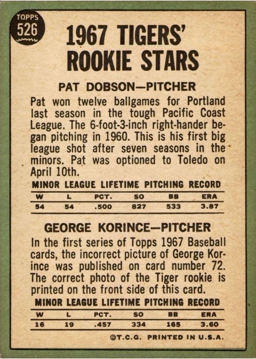 1967 Topps #526 Tigers 1967 Rookie Stars card back