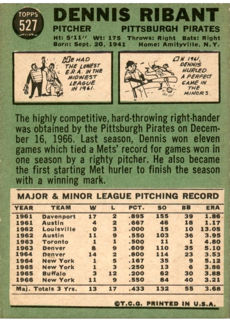 1967 Topps #527 Dennis Ribant card back