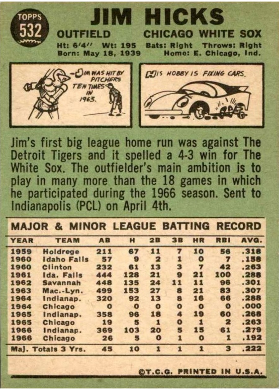 1967 Topps #532 Jim Hicks card back