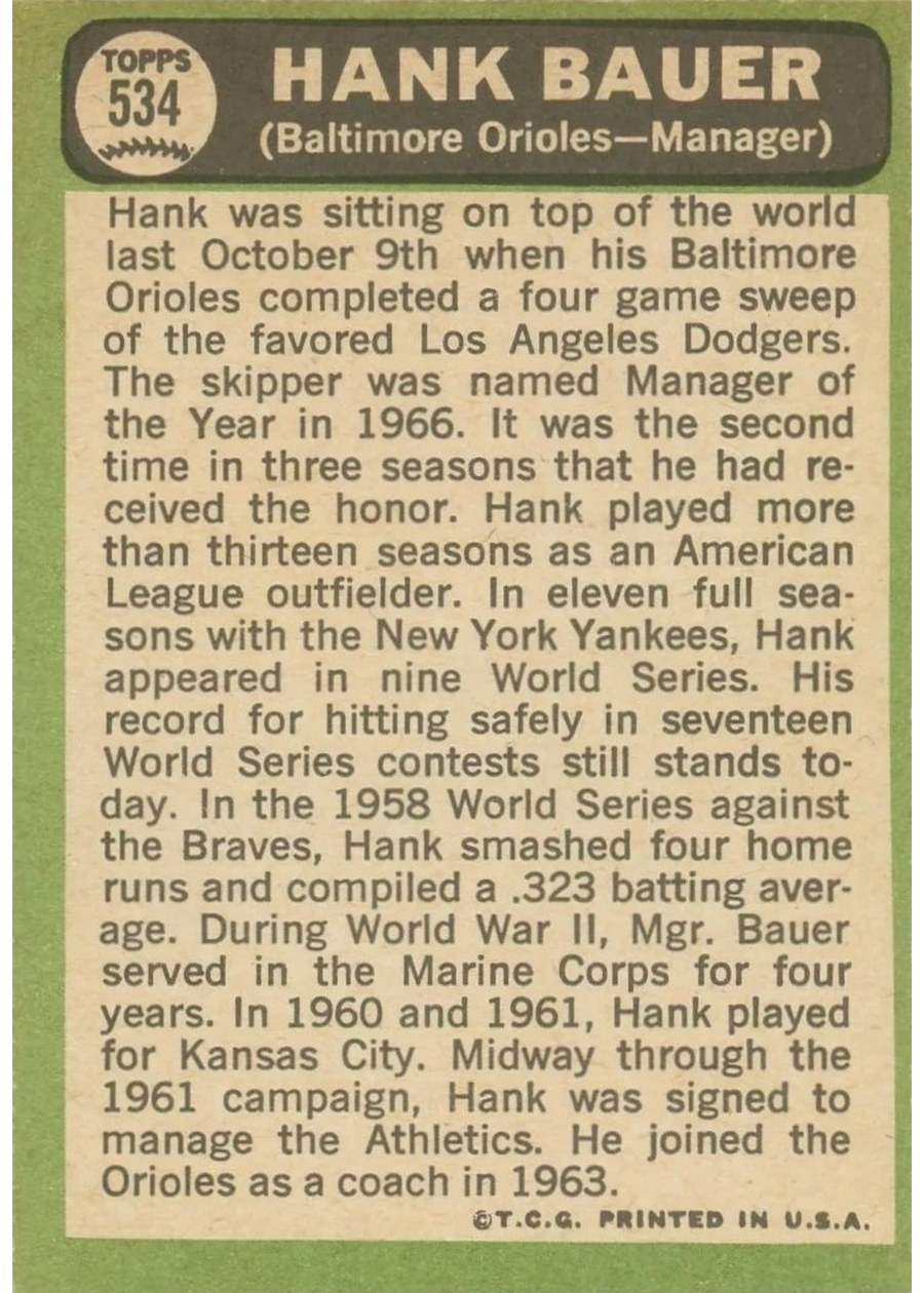 1967 Topps #534 Hank Bauer card back