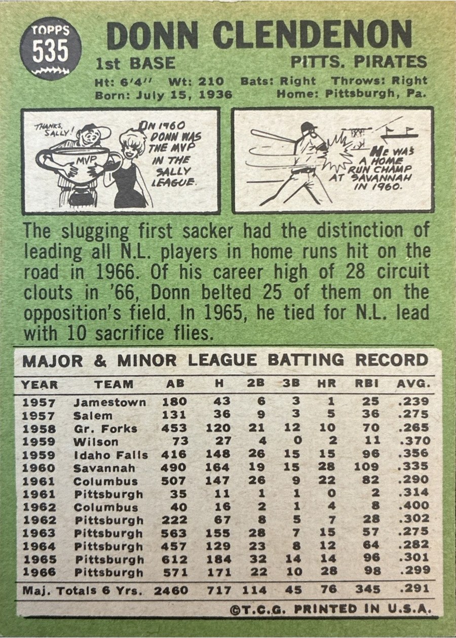 1967 Topps #535 Donn Clendenon card back