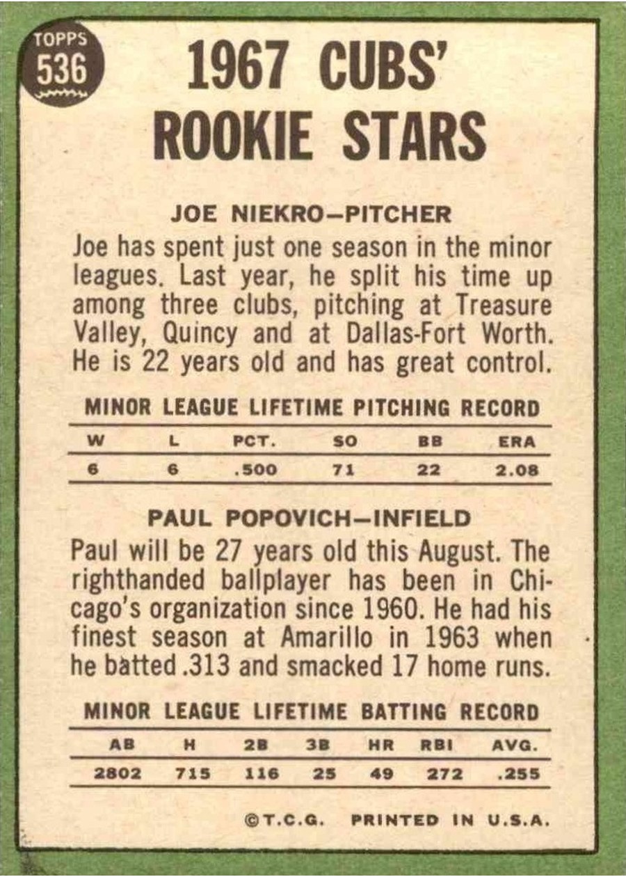 1967 Topps #536 Cubs 1967 Rookie Stars card back