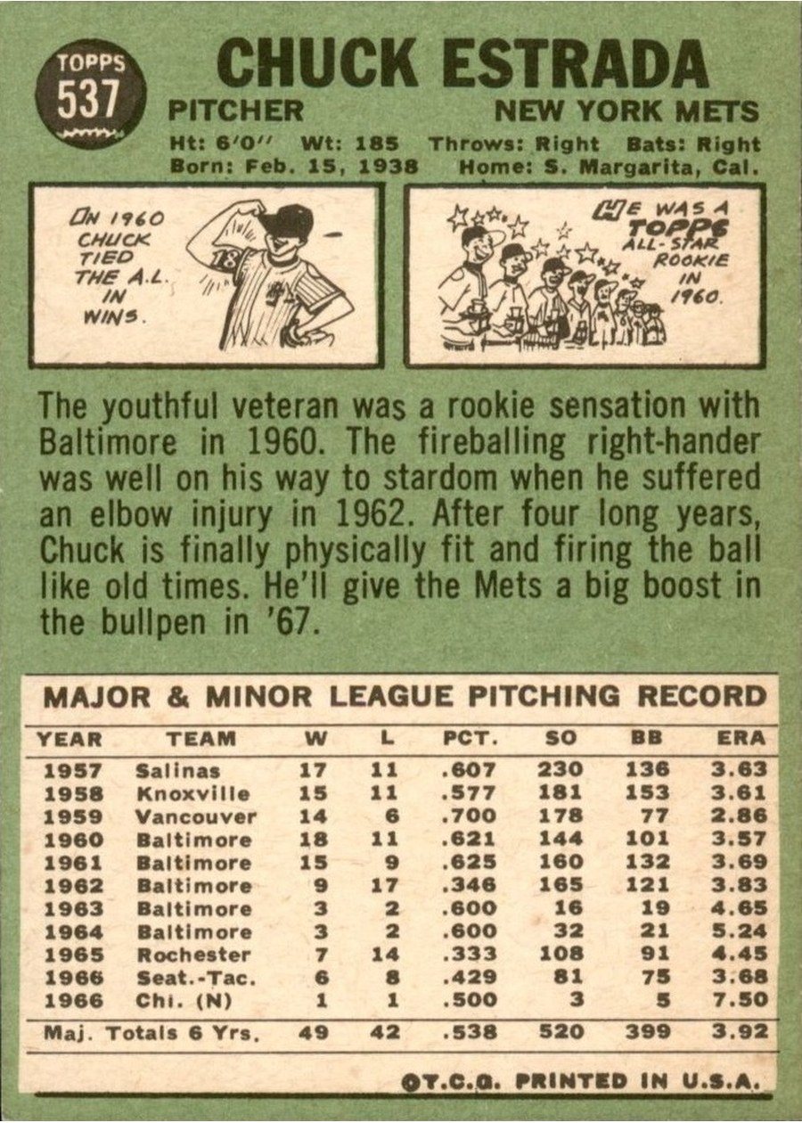 1967 Topps #537 Chuck Estrada card back