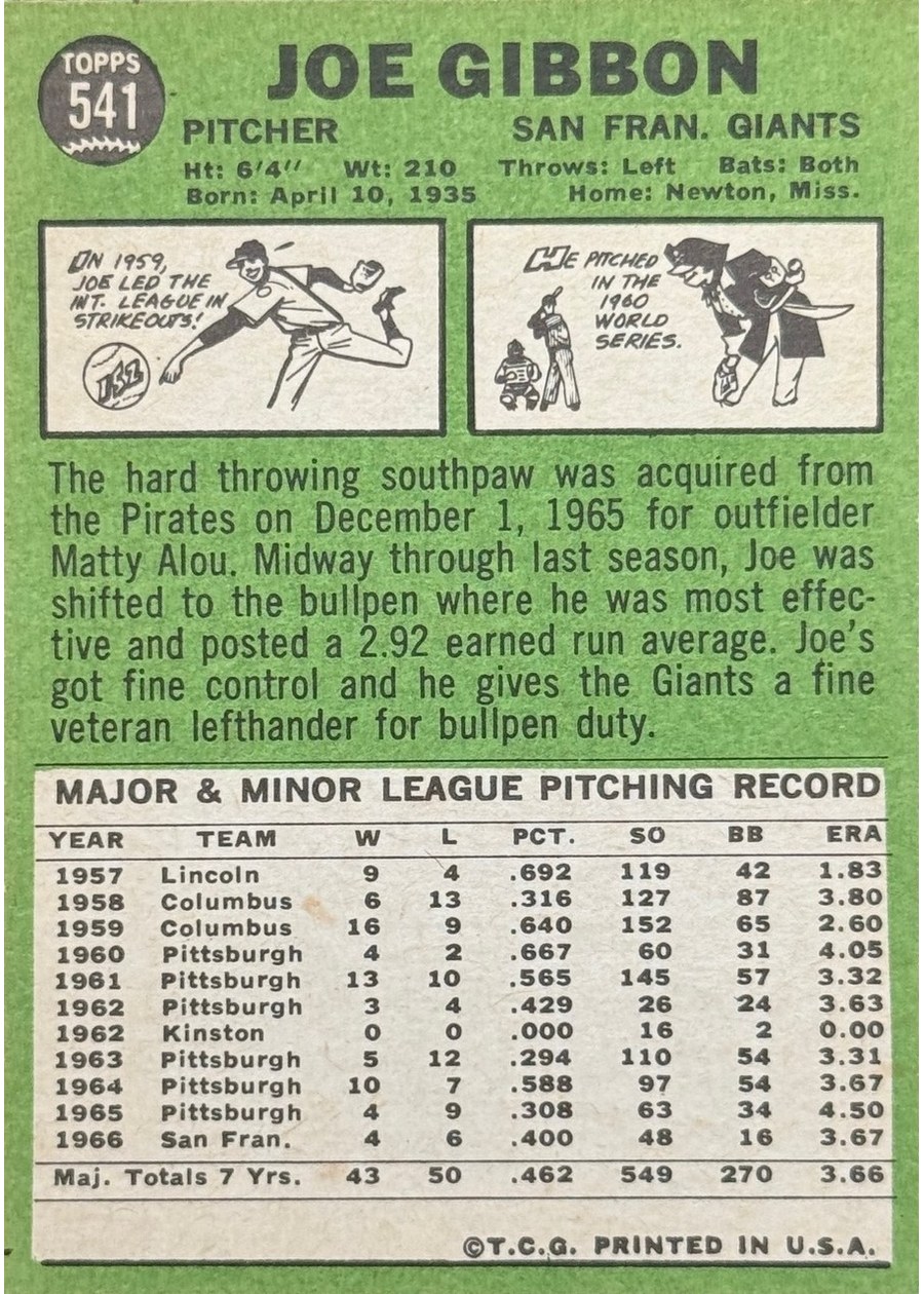 1967 Topps #541 Joe Gibbon card back