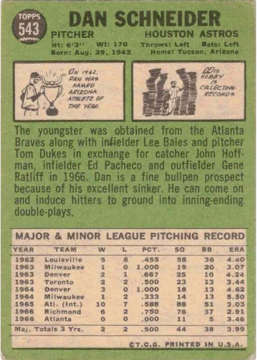 1967 Topps #543 Dan Schneider card back
