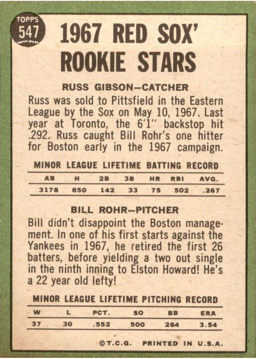 1967 Topps #547 Red Sox 1967 Rookie Stars card back