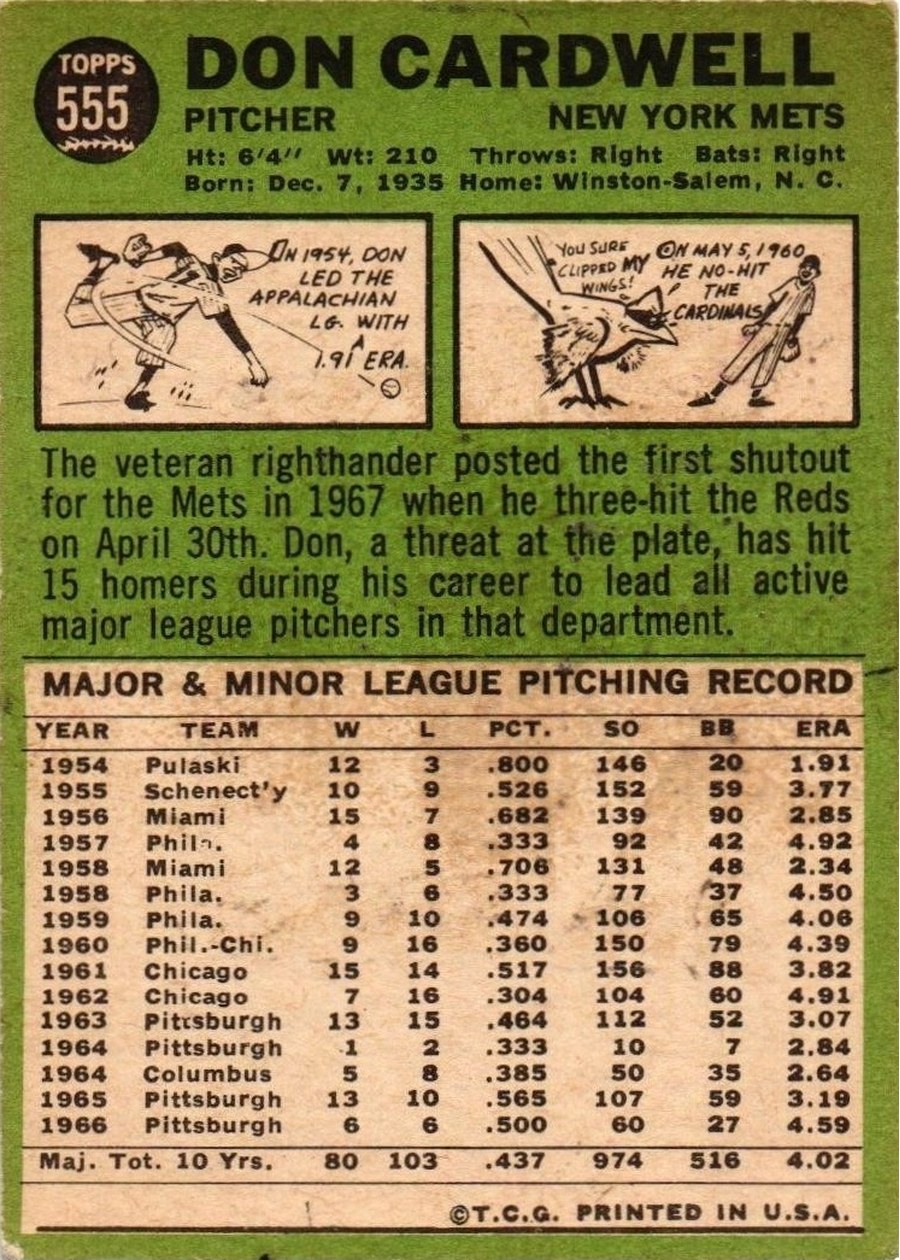 1967 Topps #555 Don Cardwell card back