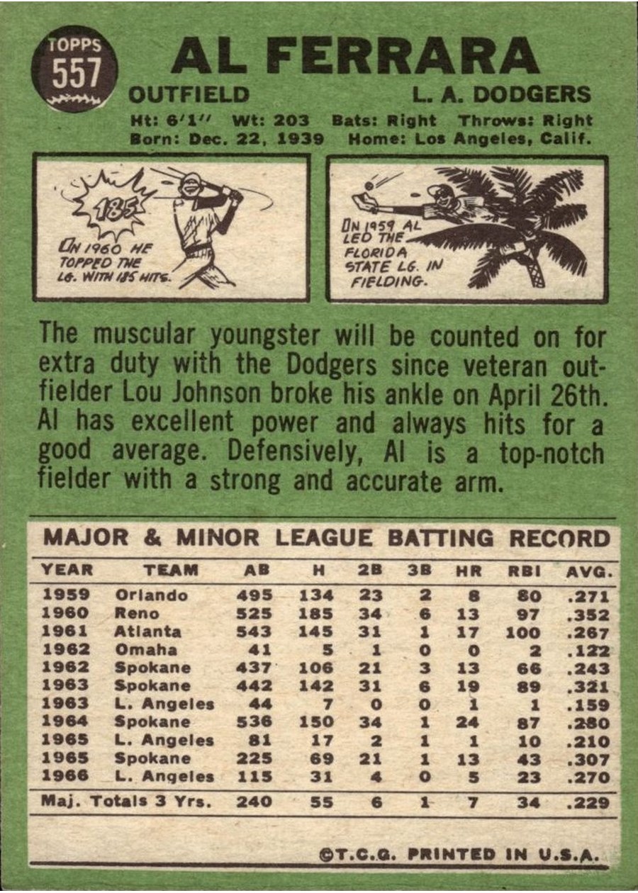 1967 Topps #557 Al Ferrara card back
