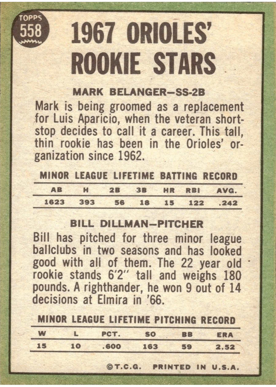 1967 Topps #558 Orioles 1967 Rookie Stars card back