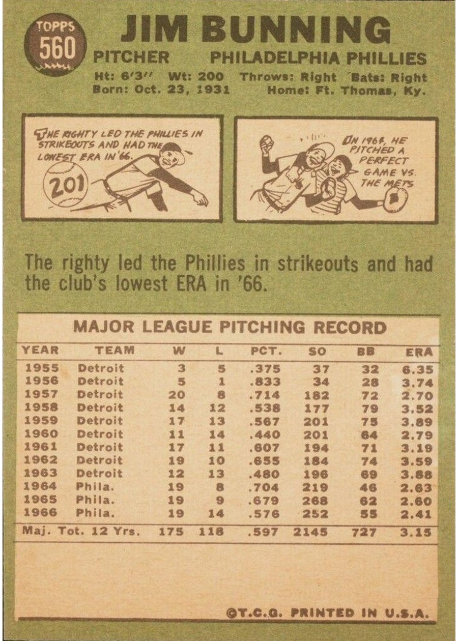 1967 Topps #560 Jim Bunning card back