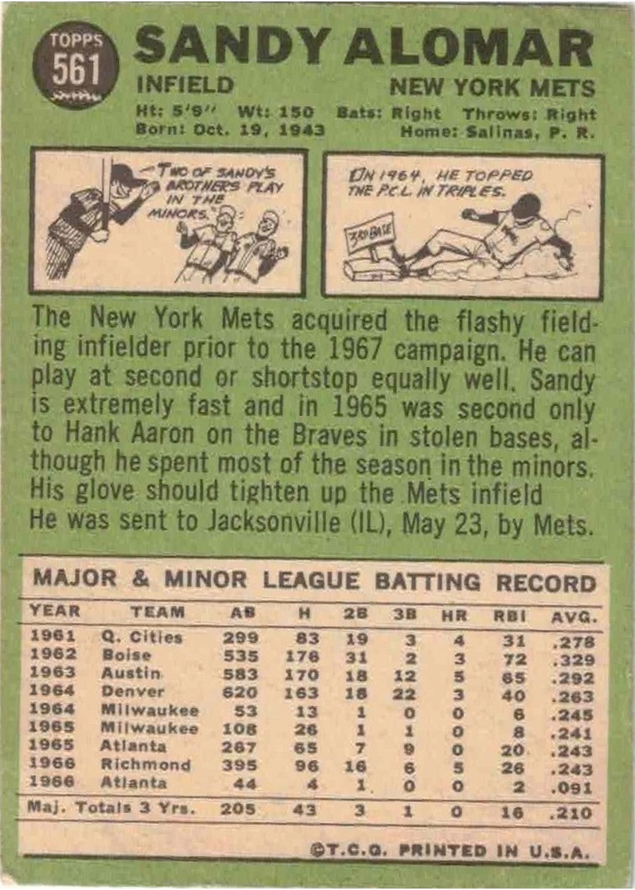 1967 Topps #561 Sandy Alomar card back