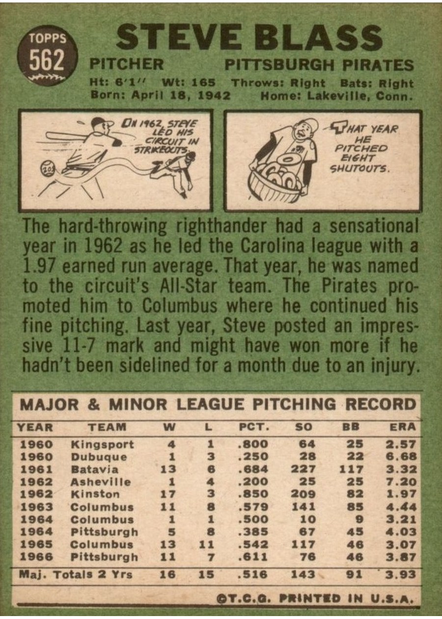 1967 Topps #562 Steve Blass card back