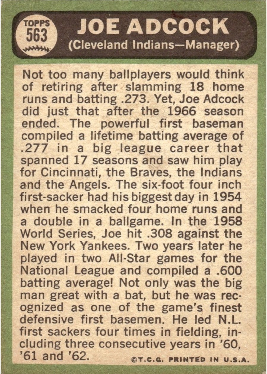 1967 Topps #563 Joe Adcock card back
