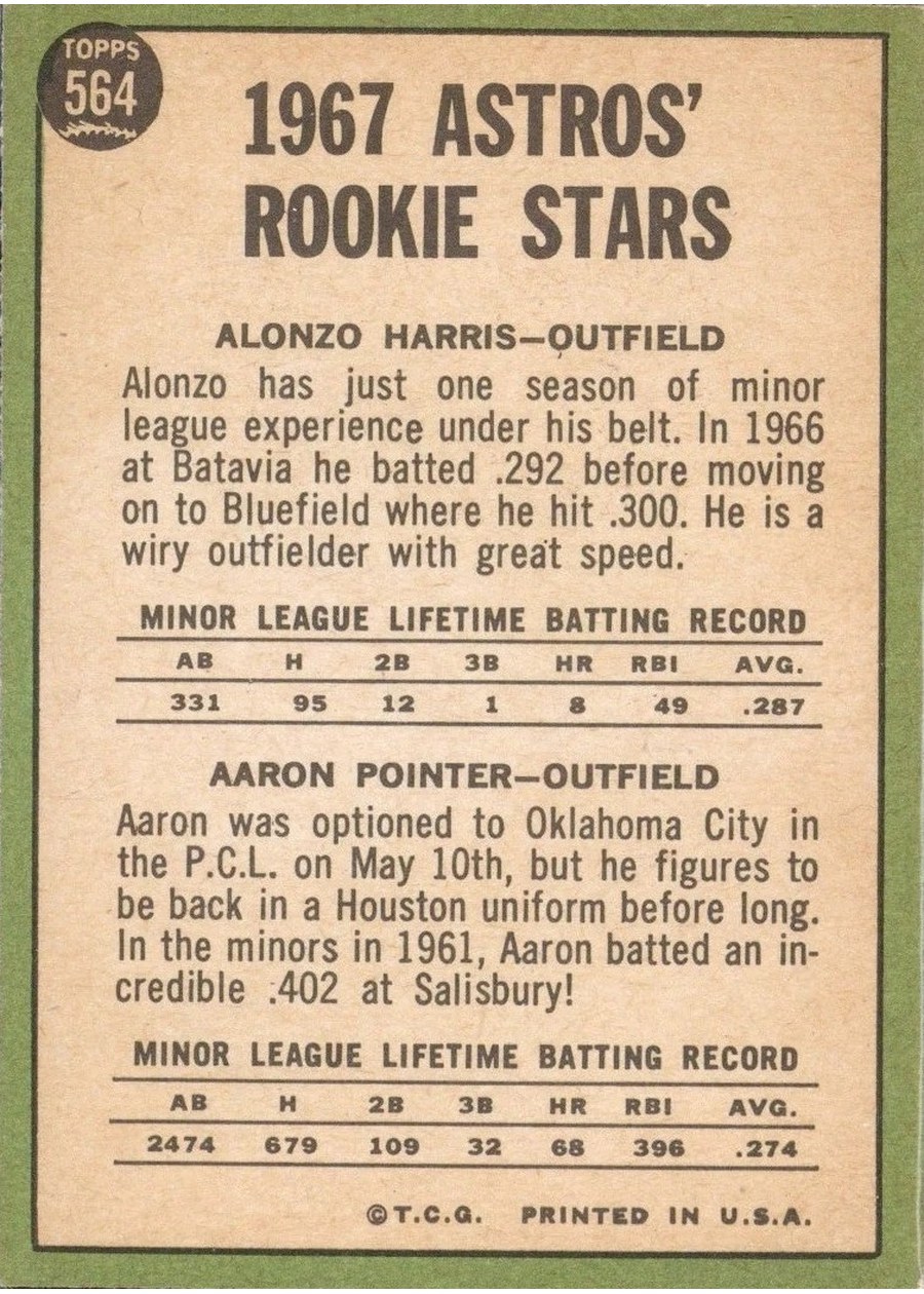 1967 Topps #564 Astros 1967 Rookie Stars card back