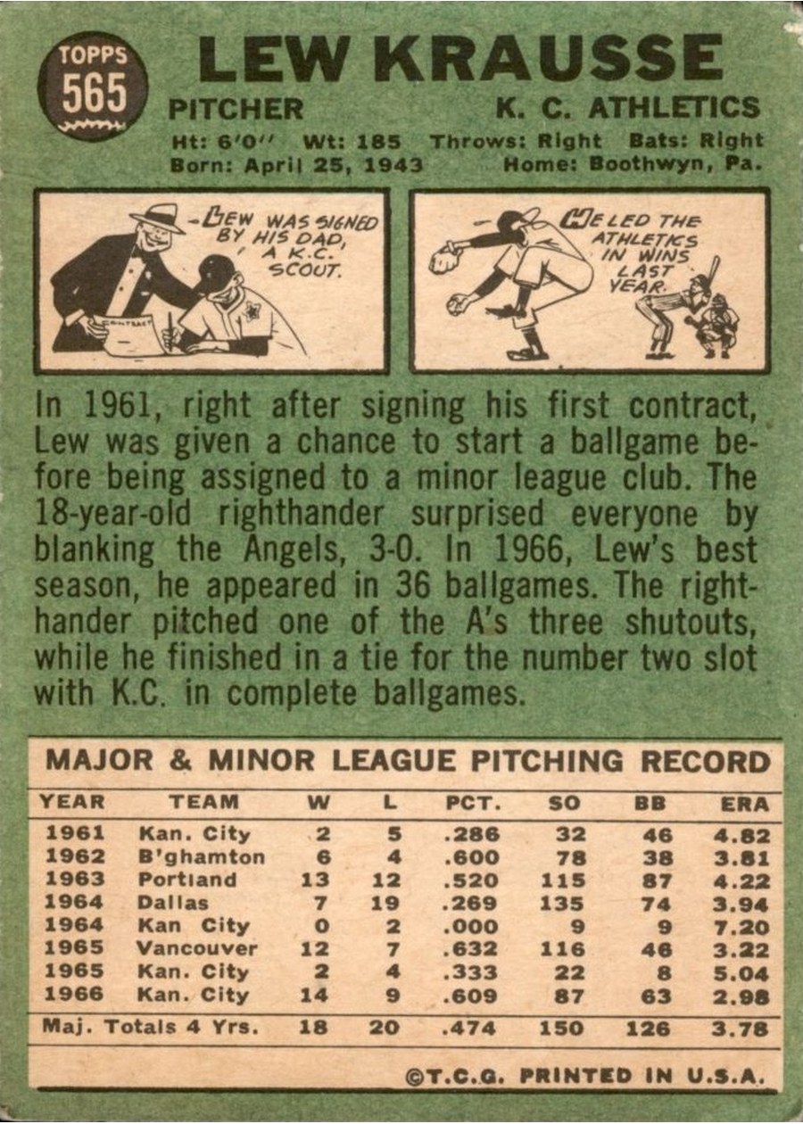 1967 Topps #565 Lew Krausse card back