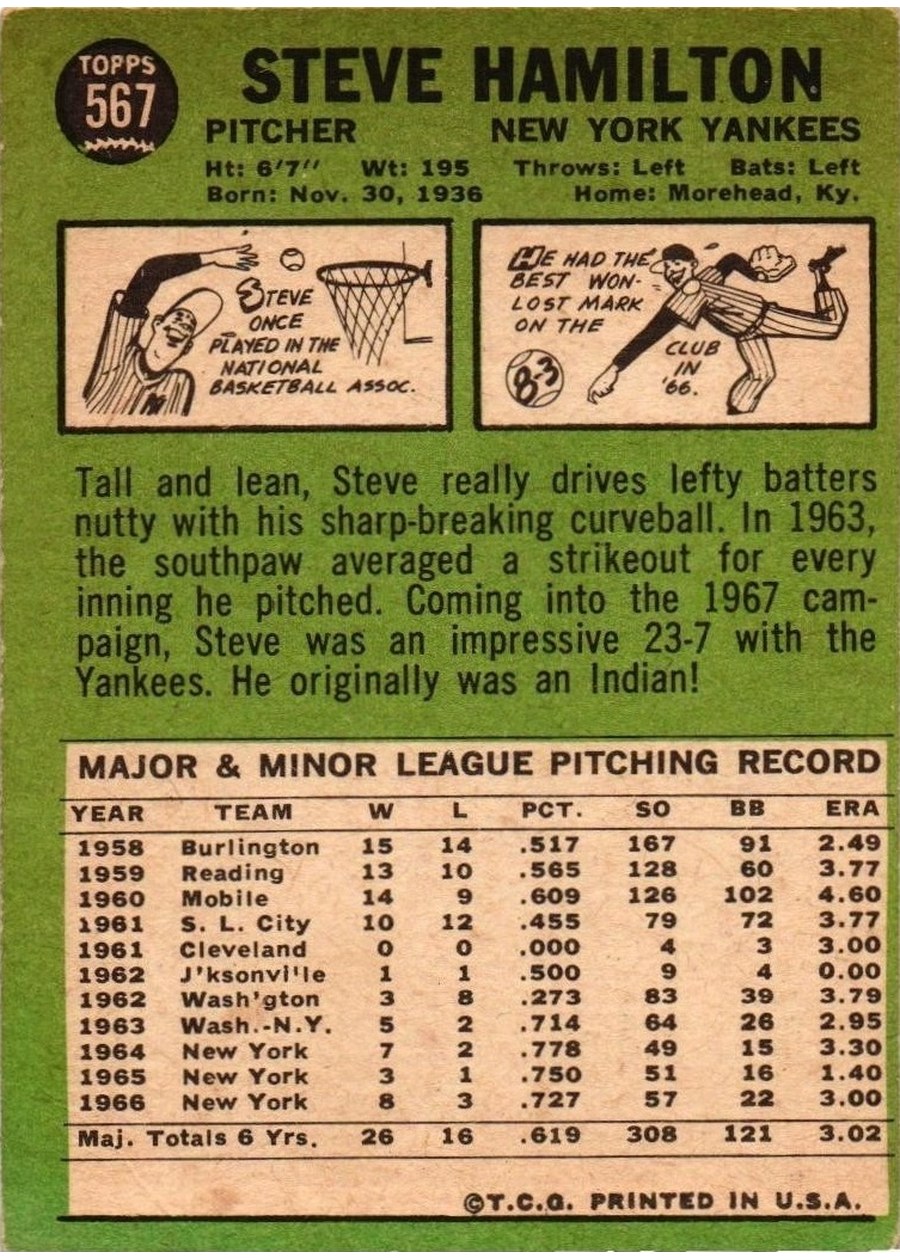 1967 Topps #567 Steve Hamilton card back