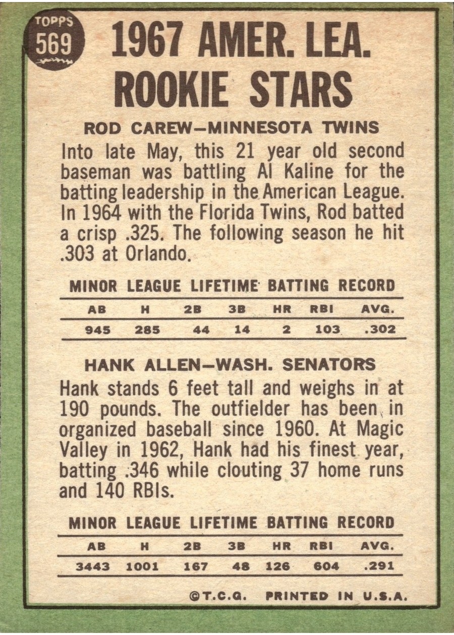 1967 Topps #569 A. League Rookie Stars card back