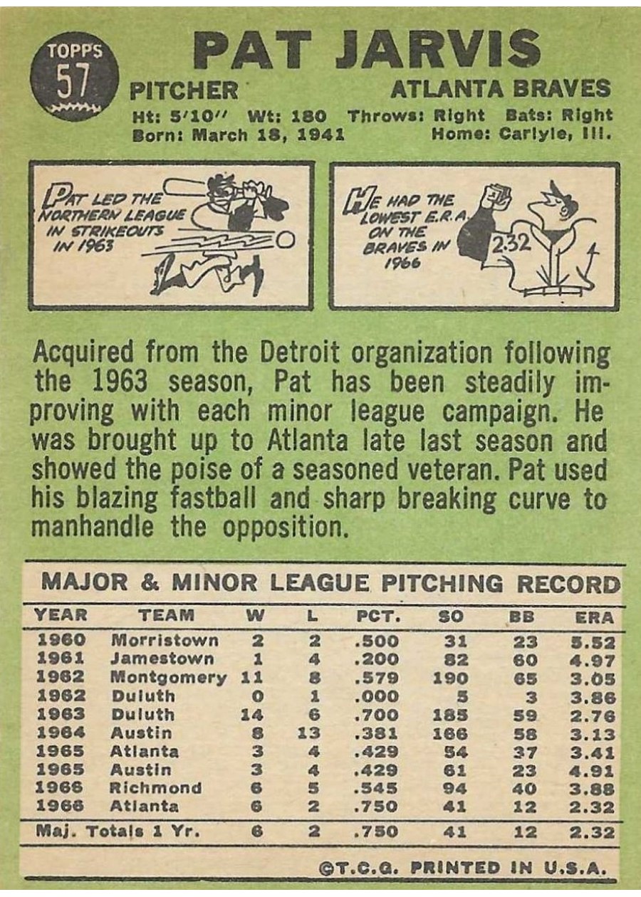 1967 Topps #57 Pat Jarvis card back