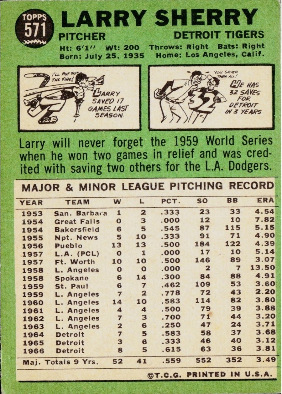 1967 Topps #571 Larry Sherry card back