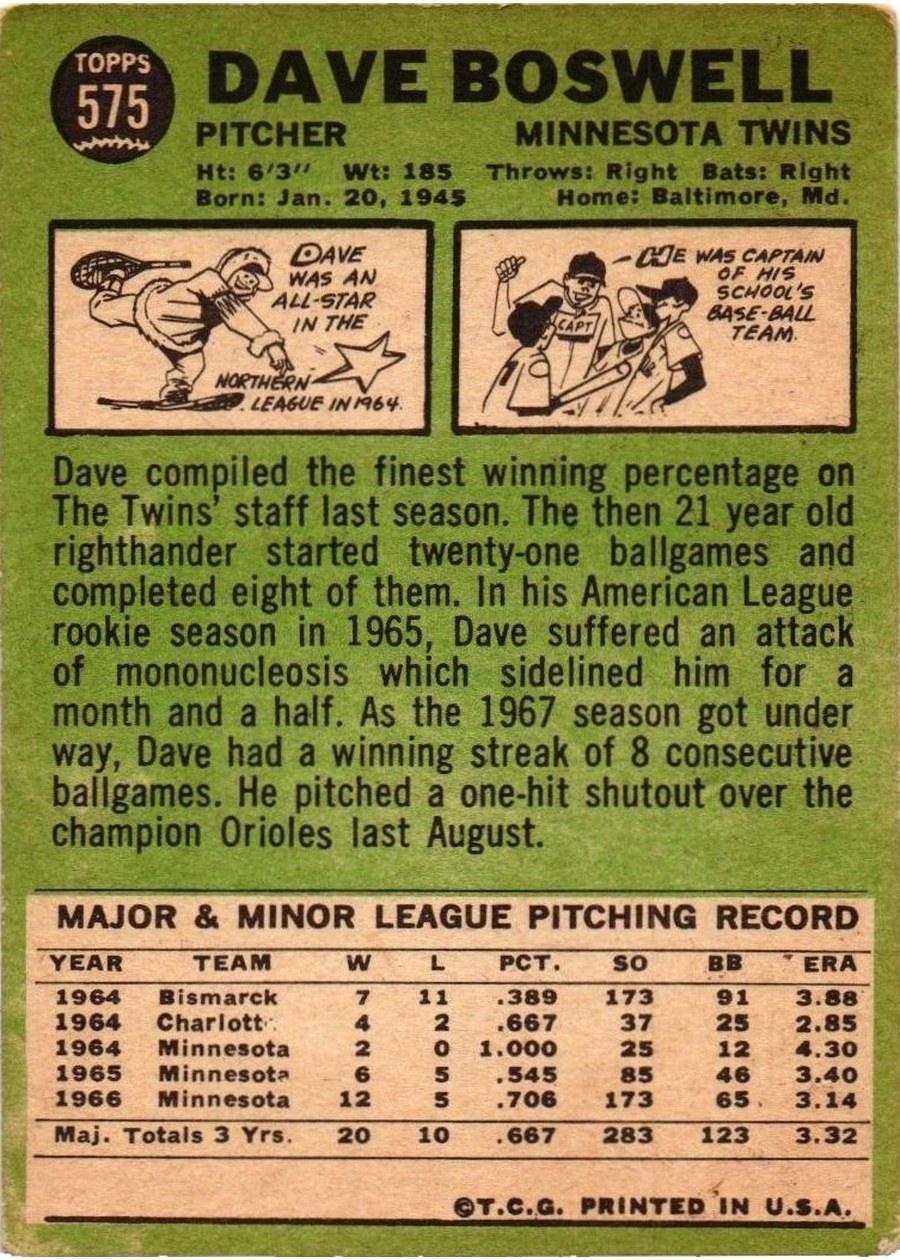 1967 Topps #575 Dave Boswell card back