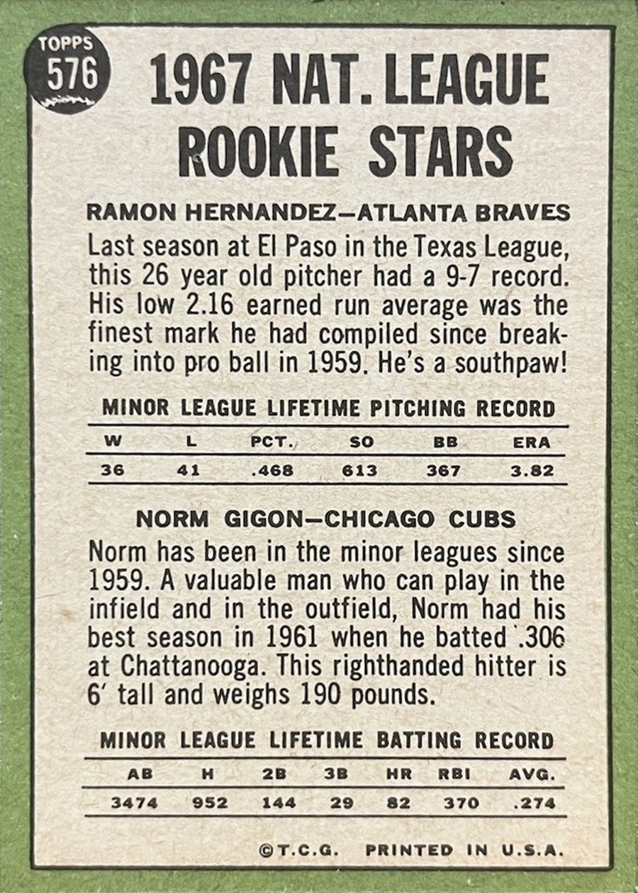 1967 Topps #576 N. League Rookie Stars card back