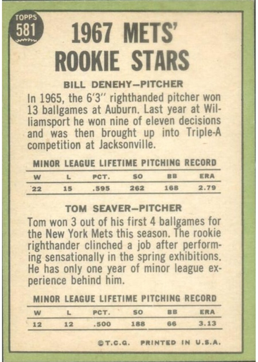 1967 Topps #581 Mets 1967 Rookie Stars card back