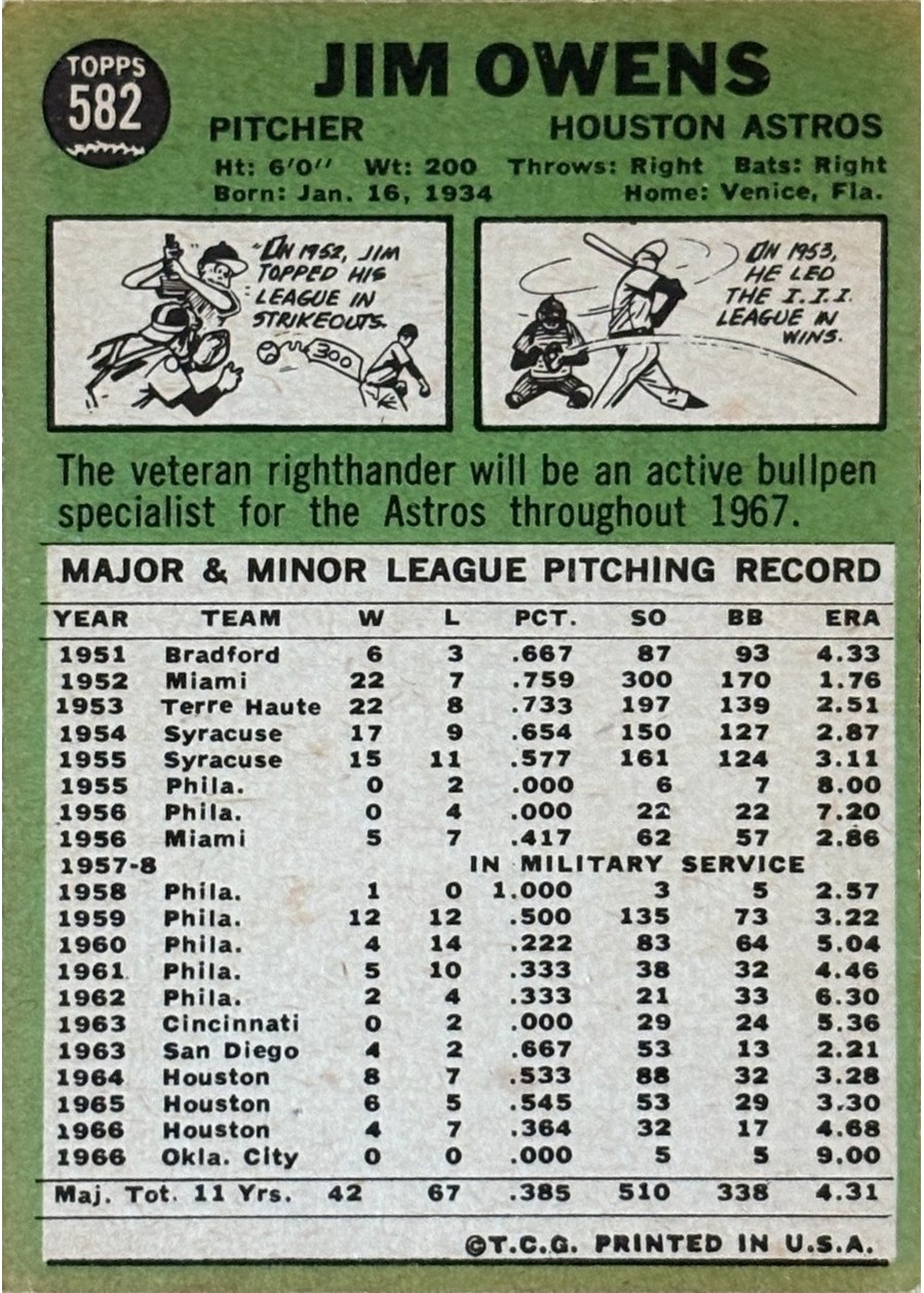 1967 Topps #582 Jim Owens card back