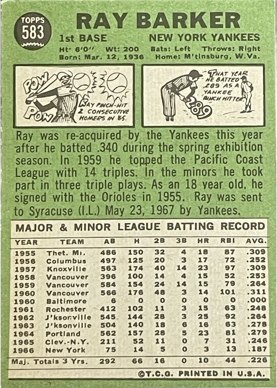 1967 Topps #583 Ray Barker card back