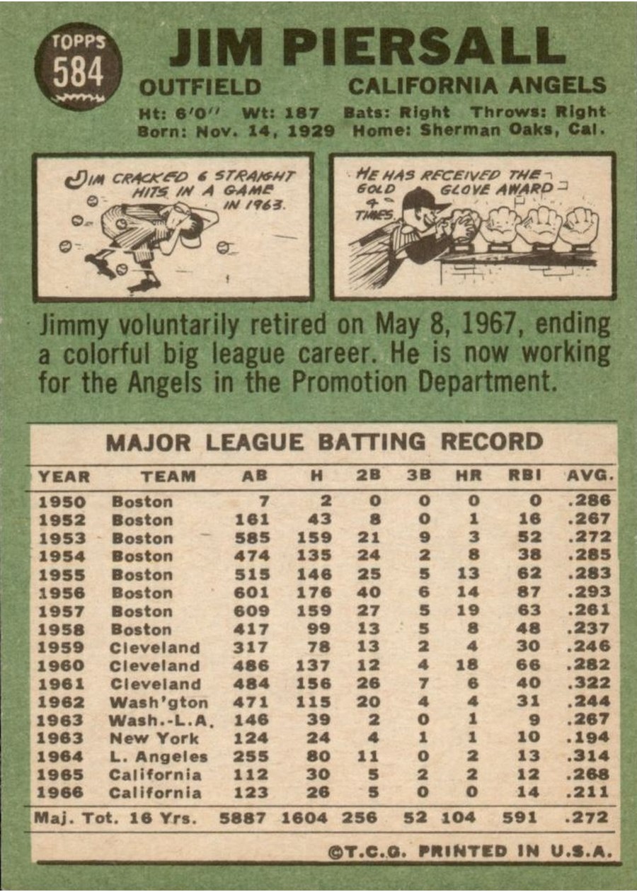 1967 Topps #584 Jim Piersall card back