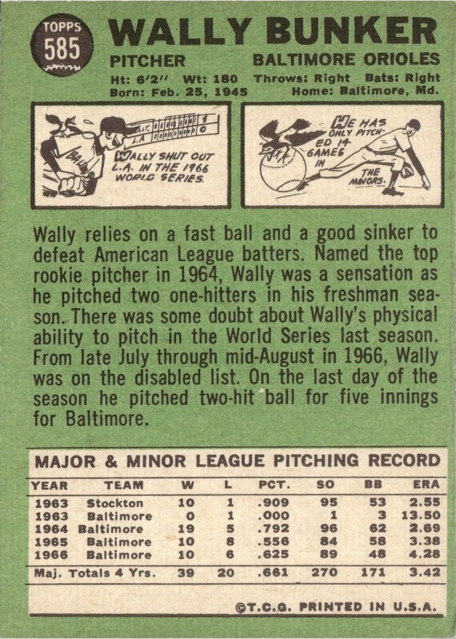 1967 Topps #585 Wally Bunker card back