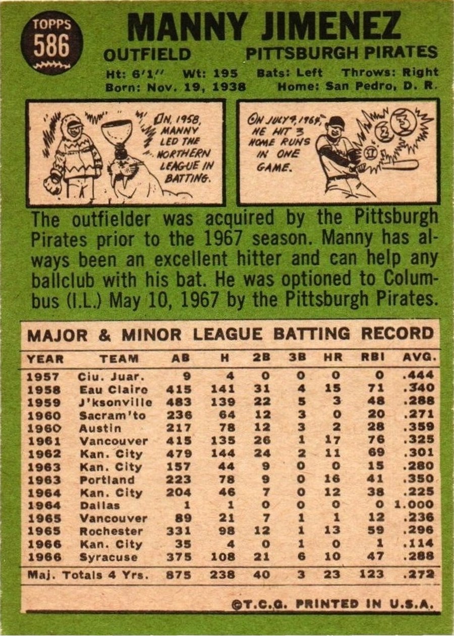 1967 Topps #586 Manny Jimenez card back