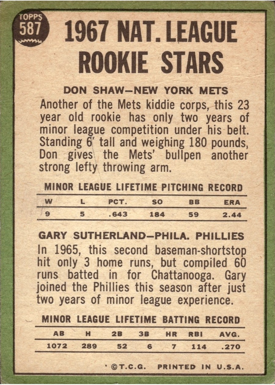 1967 Topps #587 N. League Rookie Stars card back