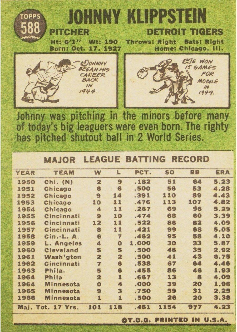 1967 Topps #588 Johnny Klippstein card back