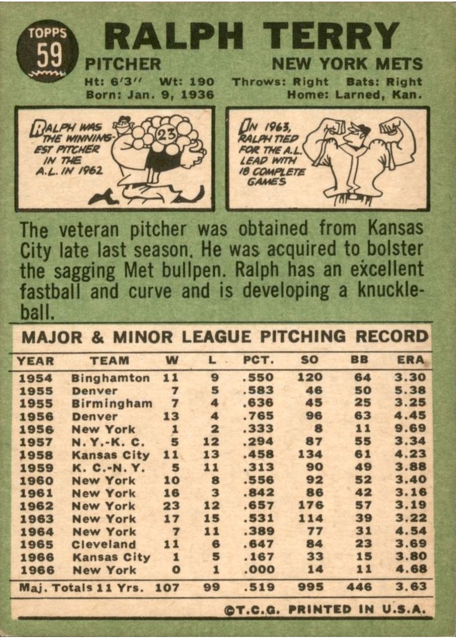 1967 Topps #59 Ralph Terry card back