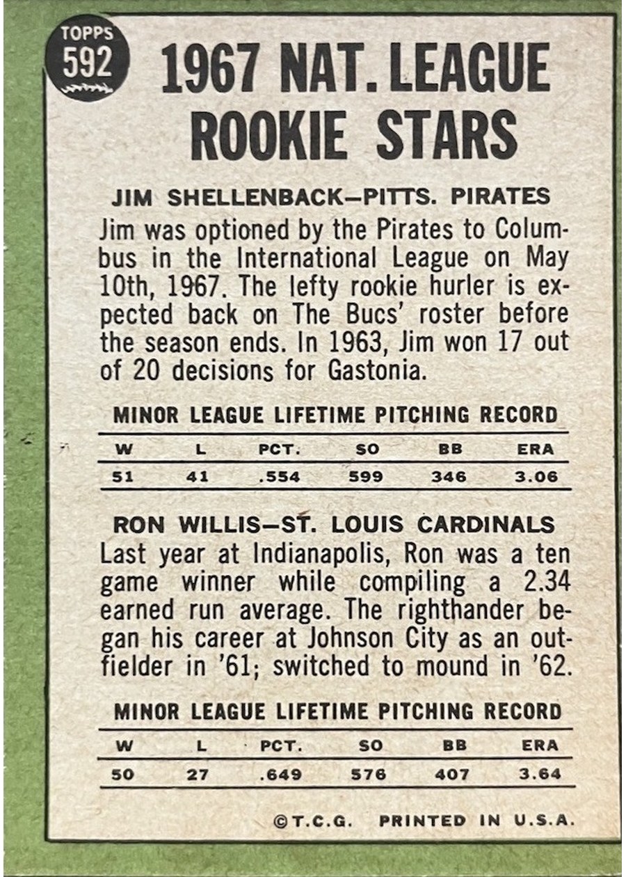 1967 Topps #592 N. League Rookie Stars card back