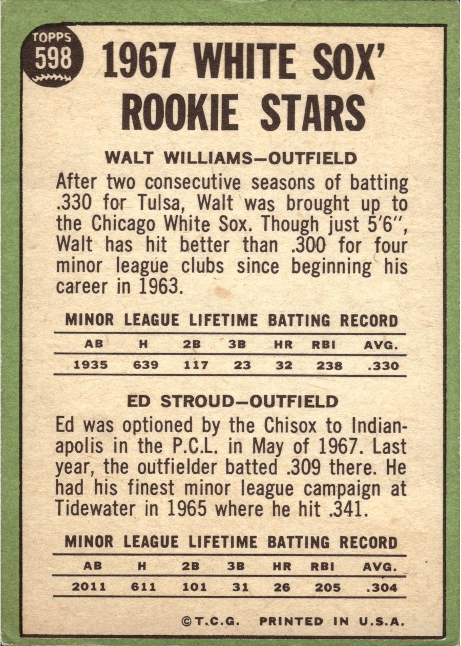 1967 Topps #598 White Sox 1967 Rookie Stars card back