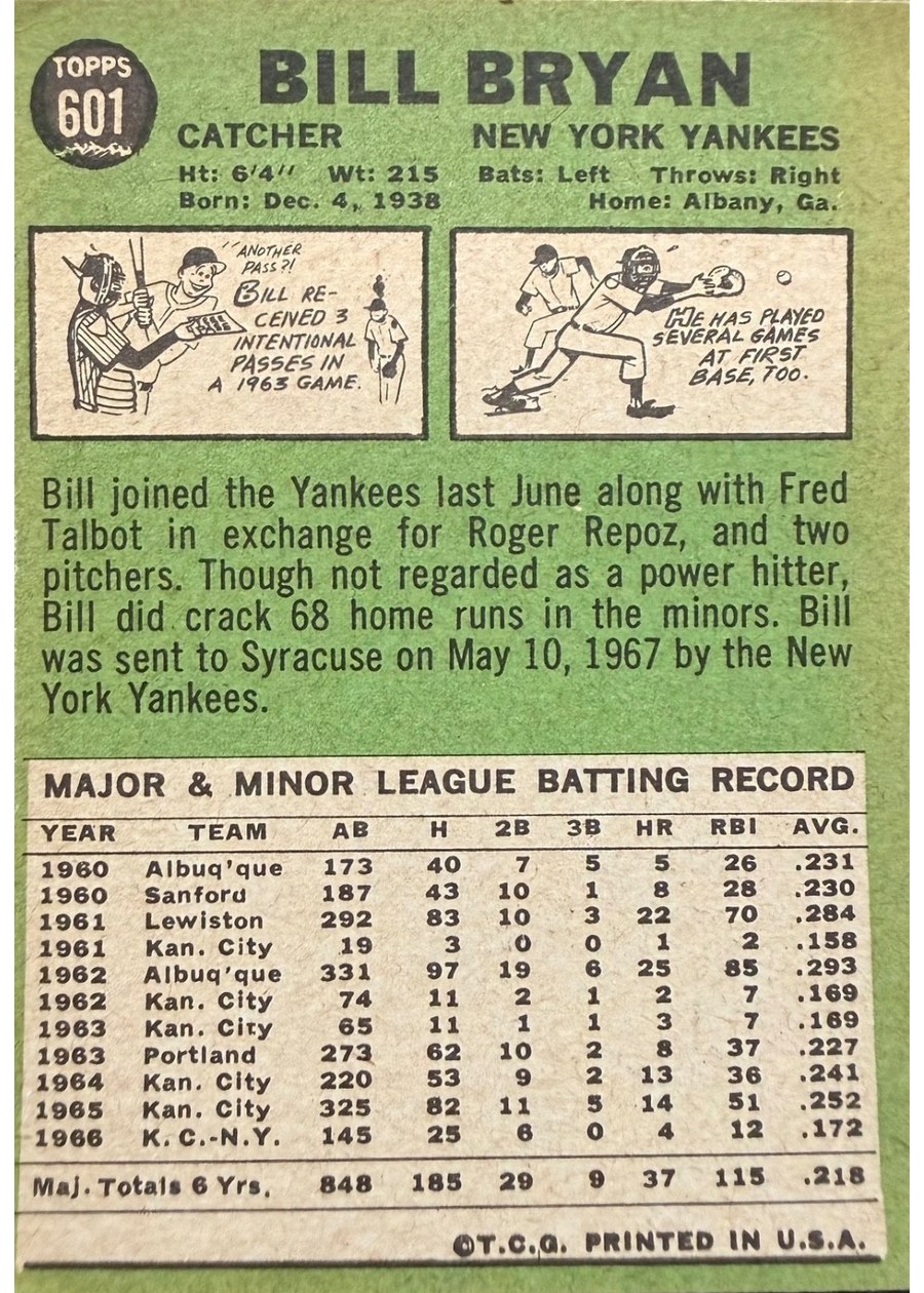 1967 Topps #601 Bill Bryan card back
