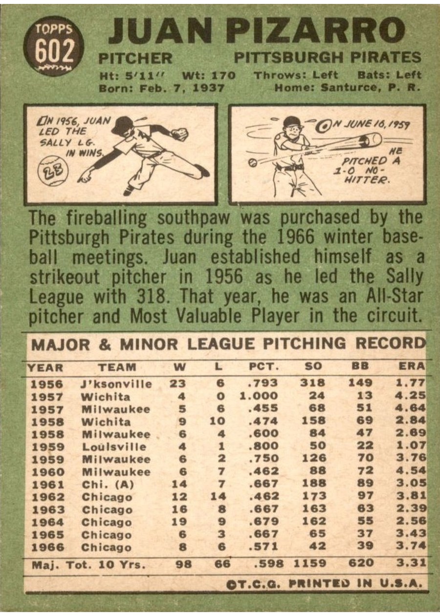 1967 Topps #602 Juan Pizarro card back