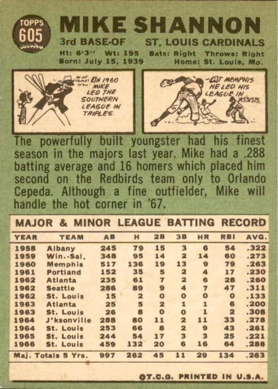 1967 Topps #605 Mike Shannon card back