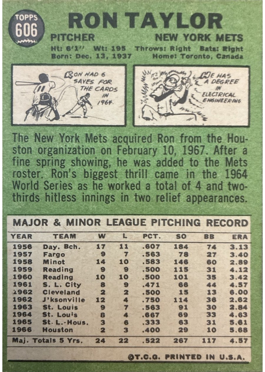 1967 Topps #606 Ron Taylor card back