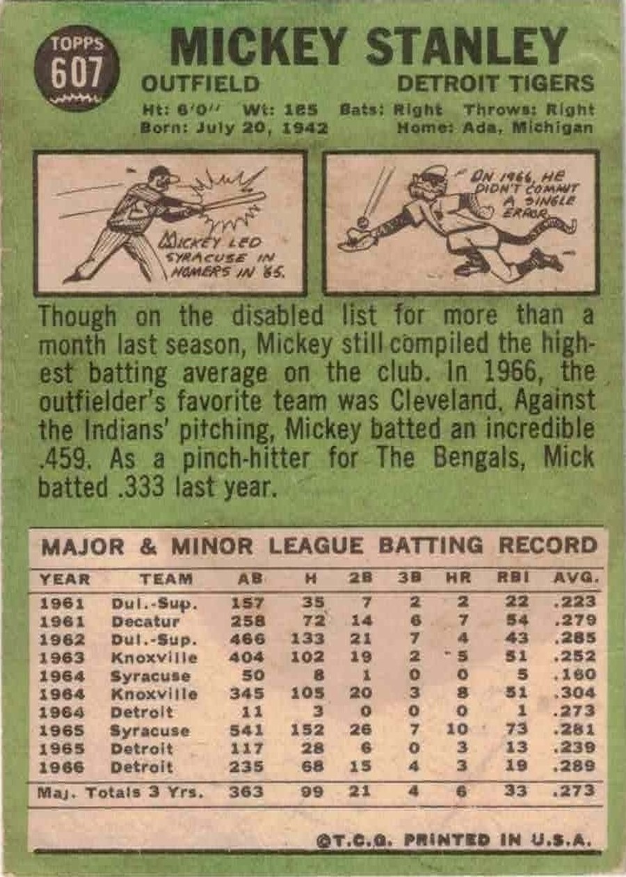 1967 Topps #607 Mickey Stanley card back